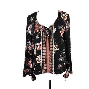 Takara Blouse Tie Front Black Floral Orange White Bell Sleeves Small